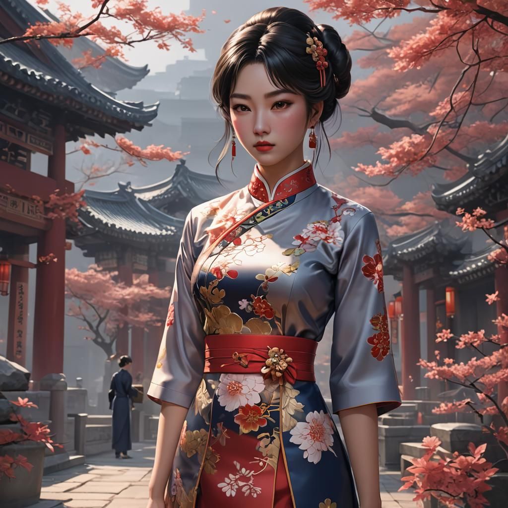 Anime Lady in Qipao: 3D Art Inspiration