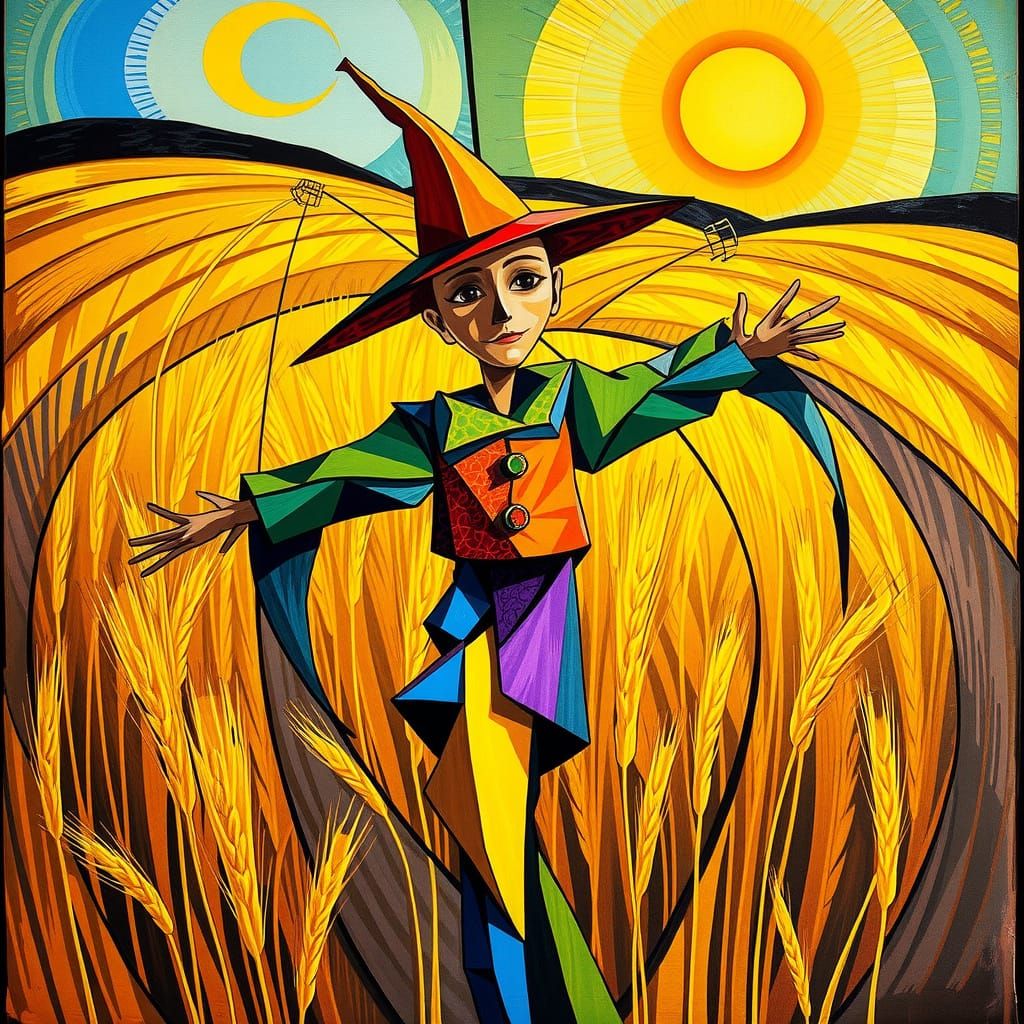 Cubist Scarecrow in Fragmented Golden Fields
