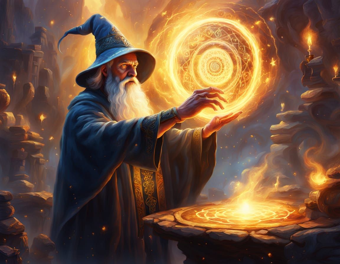 Wizard Casting Spell in Oil Painting Style