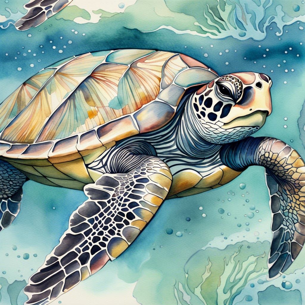 Watercolor Turtle in Ocean with Intricate Detail