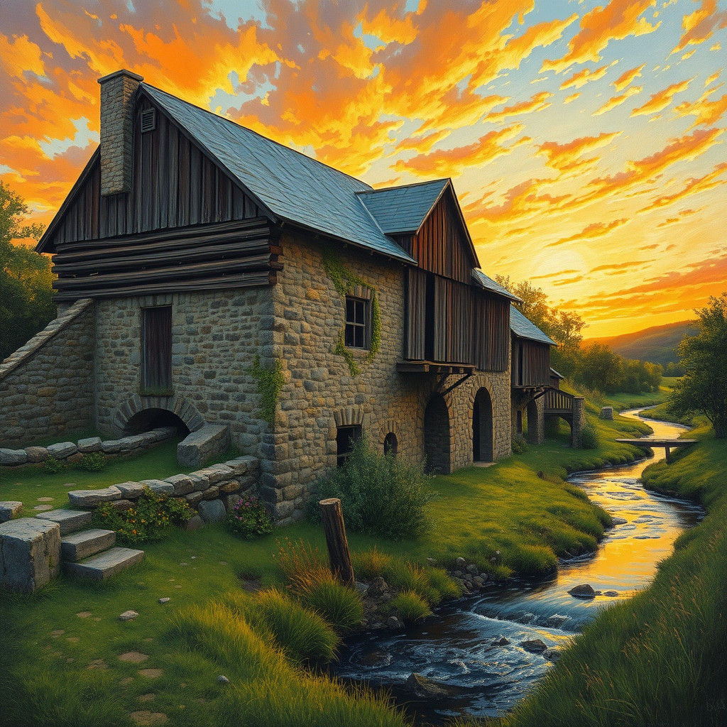 Old Mill Landscape in Post-Impressionist Style