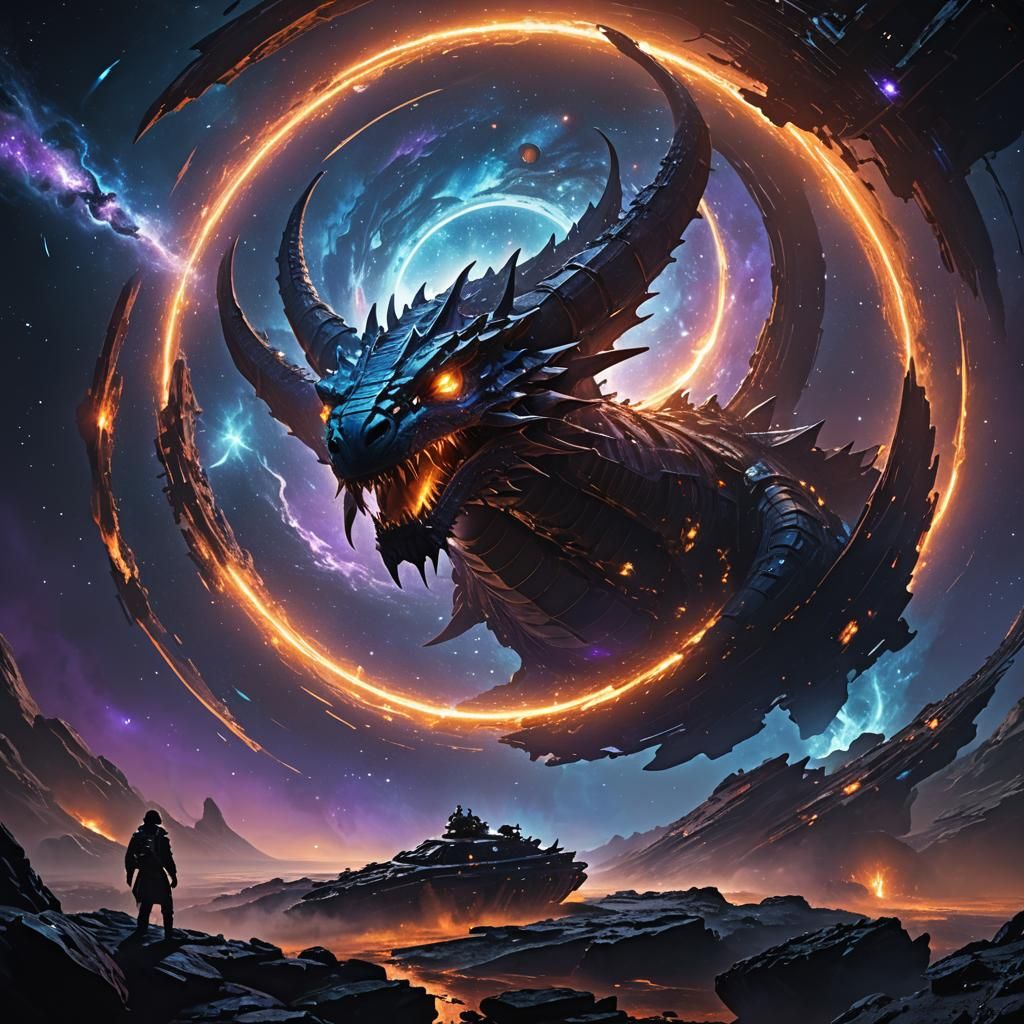 Ouroboros Dragon in Space Surrounds Spaceship Wreck