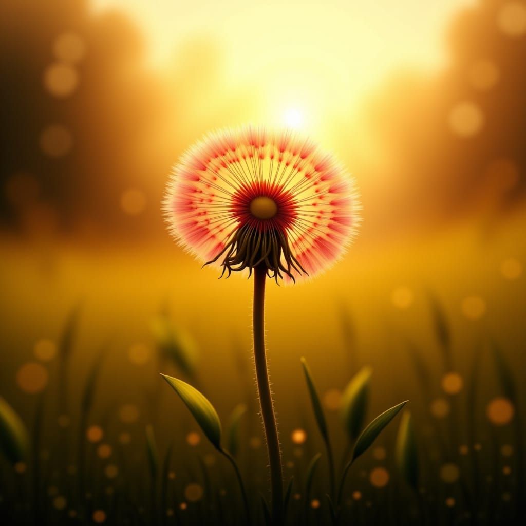 Macro Dandelion Seed Head in Golden Hour Meadow