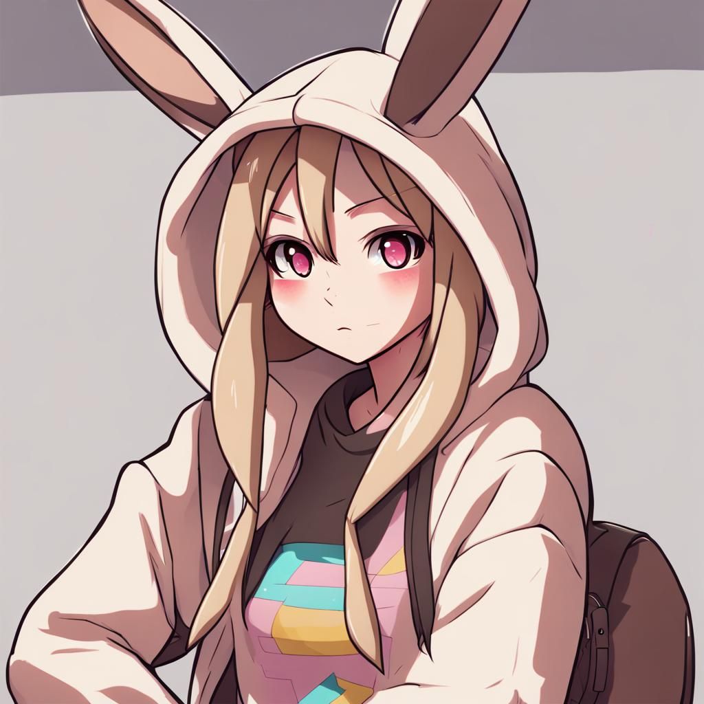 Anime Girl in Lopunny Hoodie: Digital Illustration