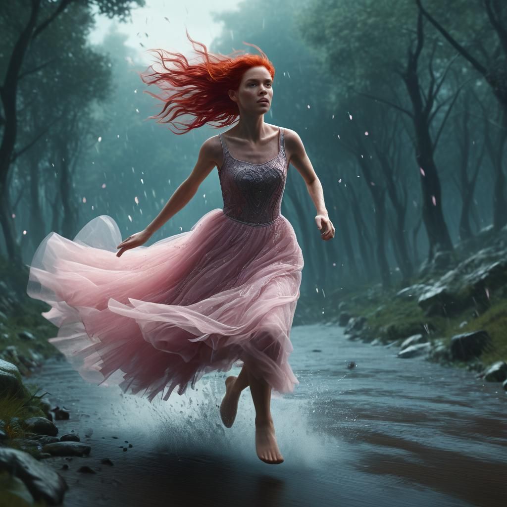 Red-Haired Woman in Pink Tulle Running Away