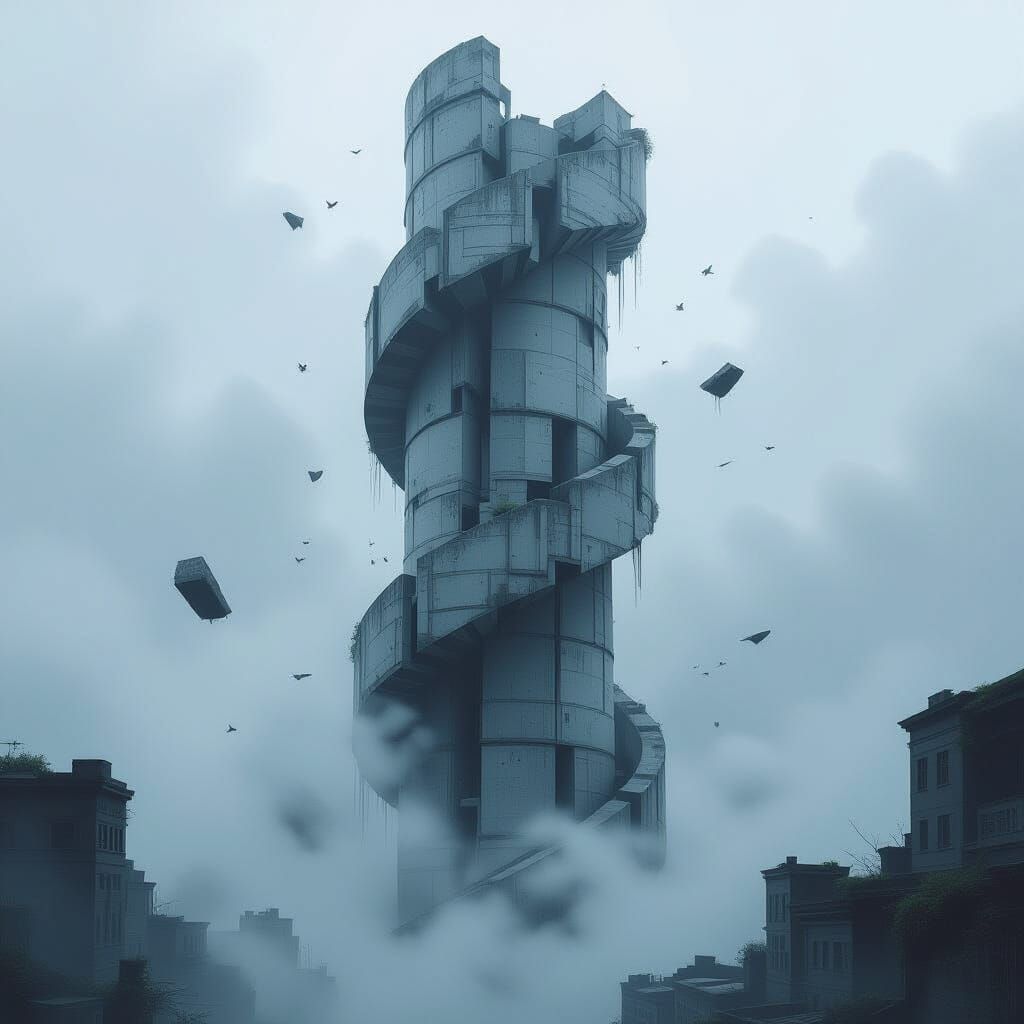 Surreal Twisted Concrete Tower in Romantic Dystopian Style