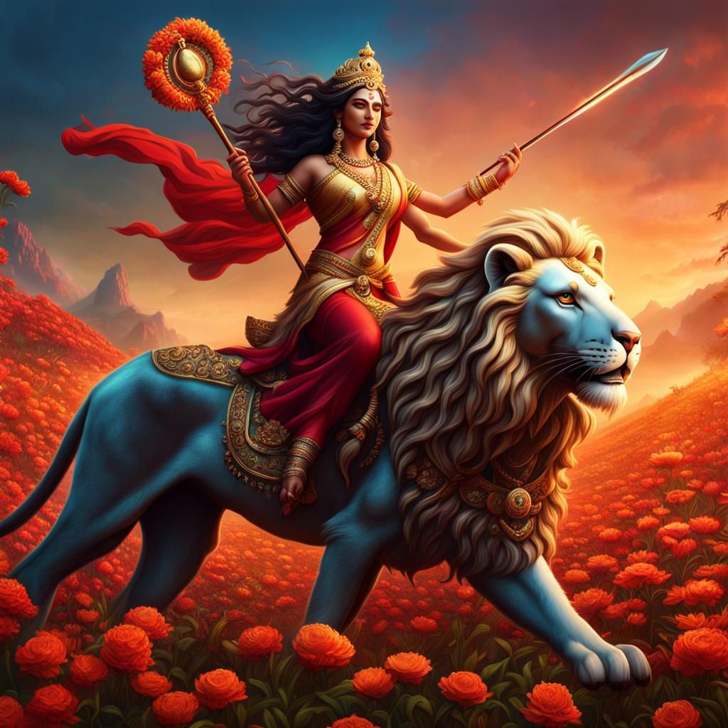 Goddess Durga on Lion in Flowery Field