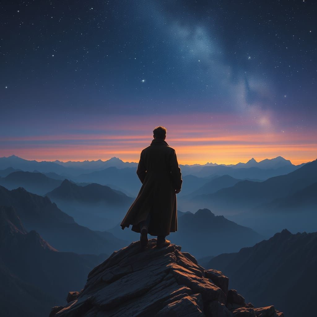 Lone Traveler Gazing at Starlit Sky in Romantic Style
