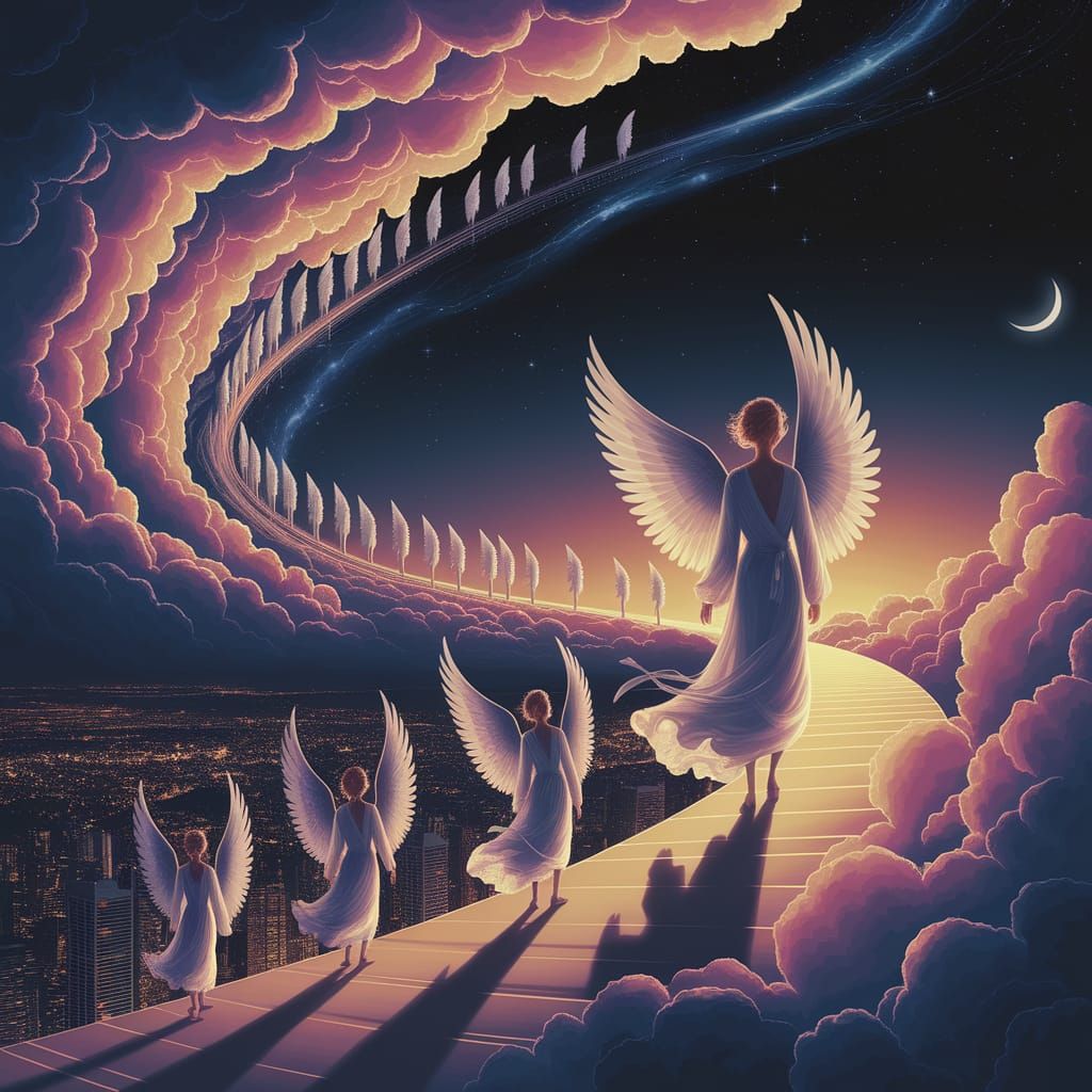 Angels Walking in a Celestial Cityscape as Digital Art