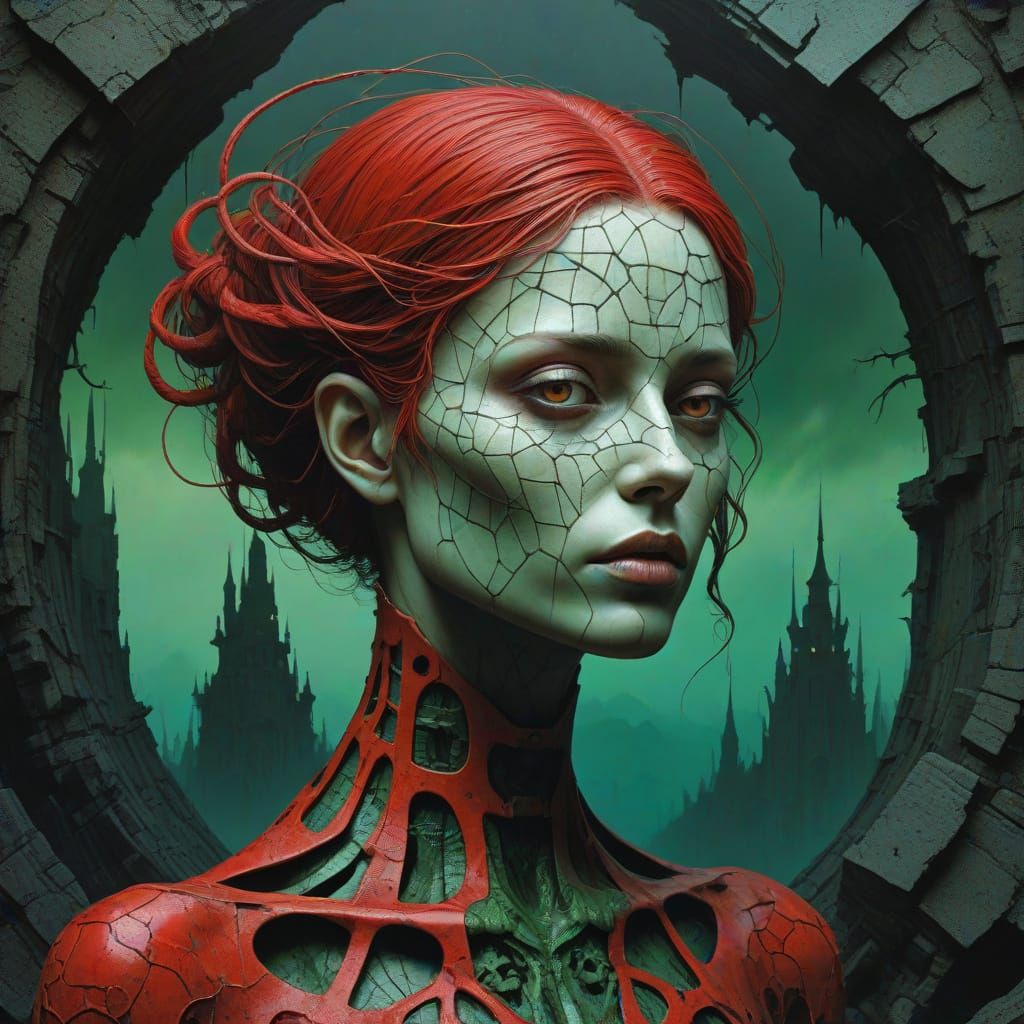 Surreal Lunar Portrait with Geometric Ink Details