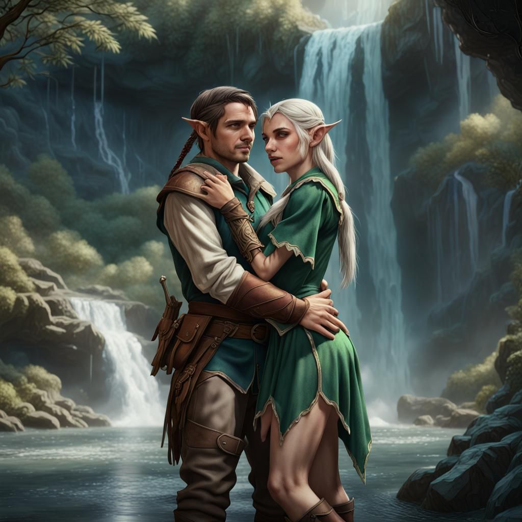 Ranger and Elf Cuddle by Waterfall in Detailed Painting