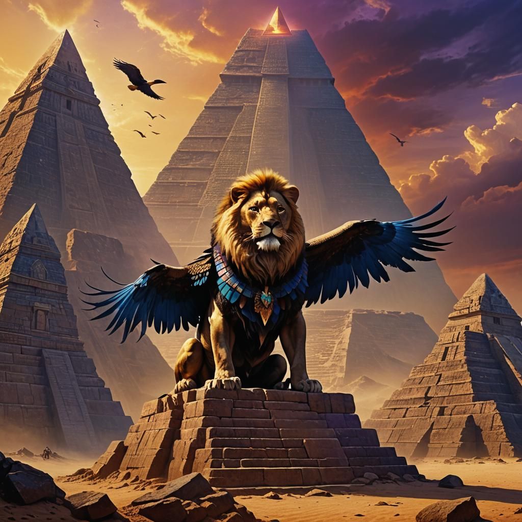 Mythical Lion-Eagle-Crocodile Hybrid on Ancient Pyramid