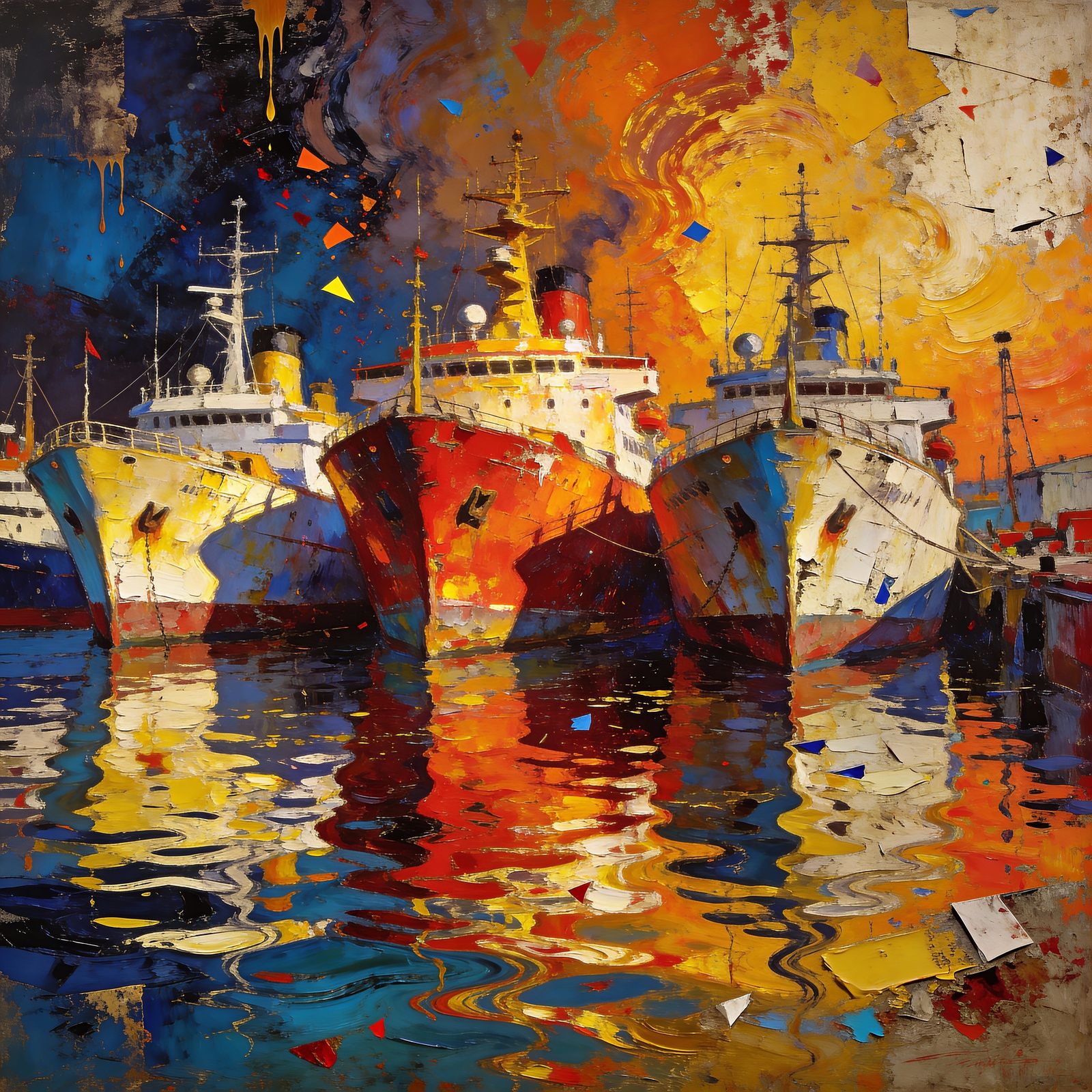 A surreal abstract impasto oil painting of a cluster of luminous ships gathered tightly at a reflective harbor, their fo...