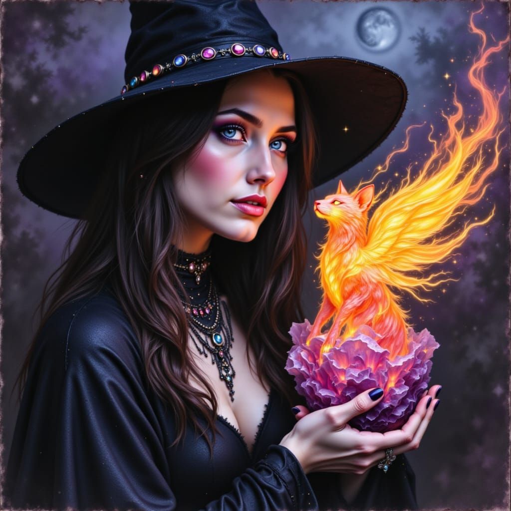 Witch Conjures Glowing Cat Sculpture in Colored Charcoal