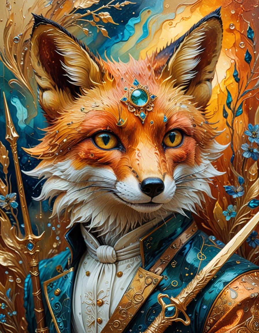 Surreal Fox with Eyepatch and Sword in Van Gogh Style