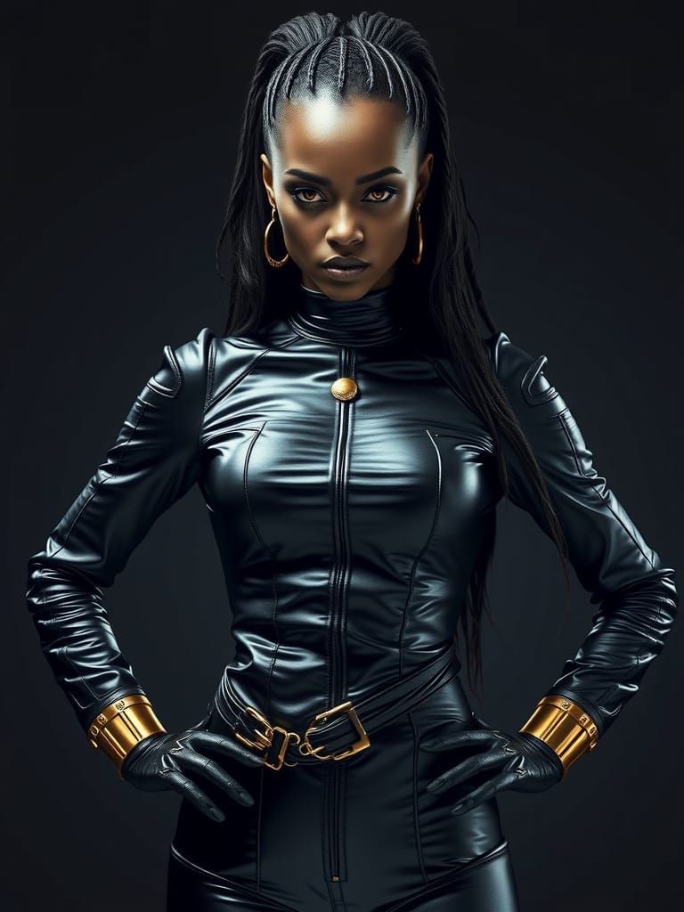 Dominant Ebony Goddess in Gothic Leather Jumpsuit