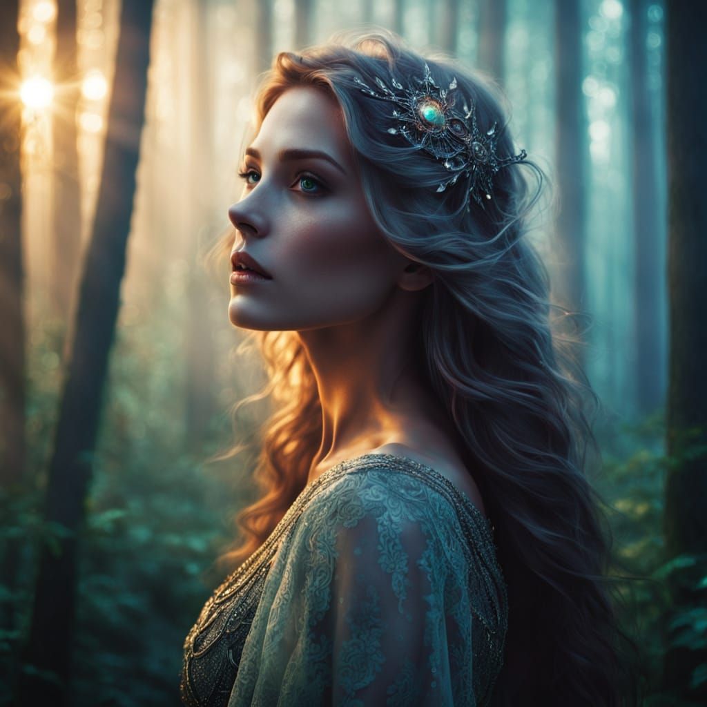 Ethereal Green-Eyed Goddess in Mystical Forest Landscape