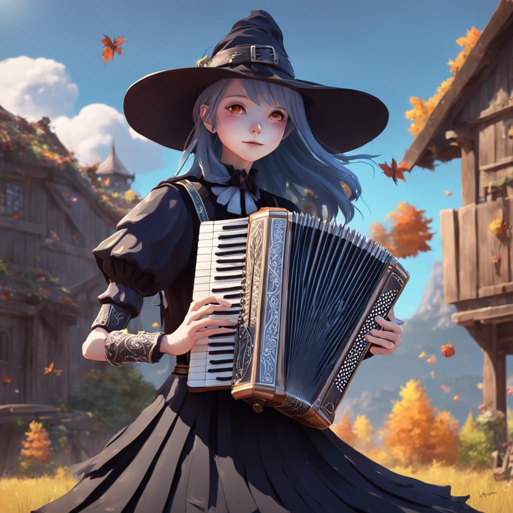 Anime Witch Plays Accordion in 3D Render