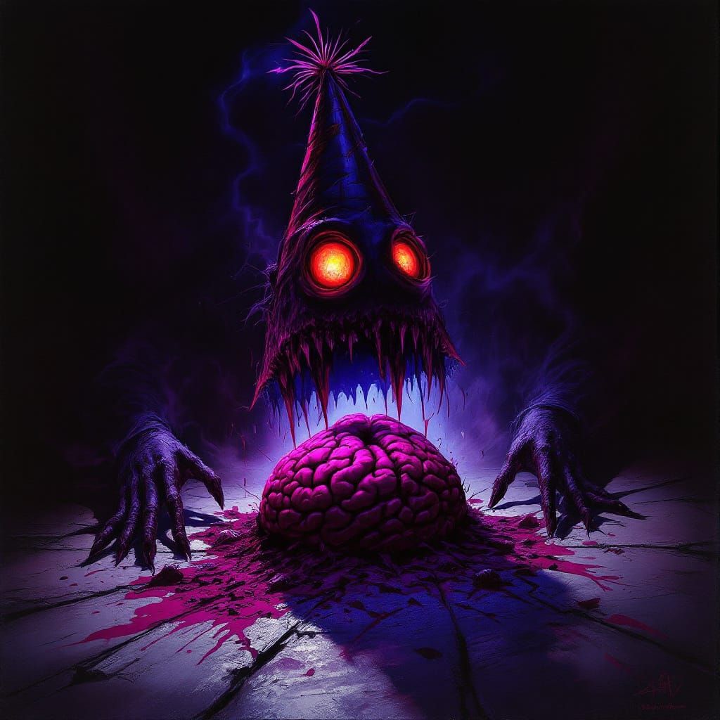 Sinister Party Hat Devours Brain in Gothic Chamber