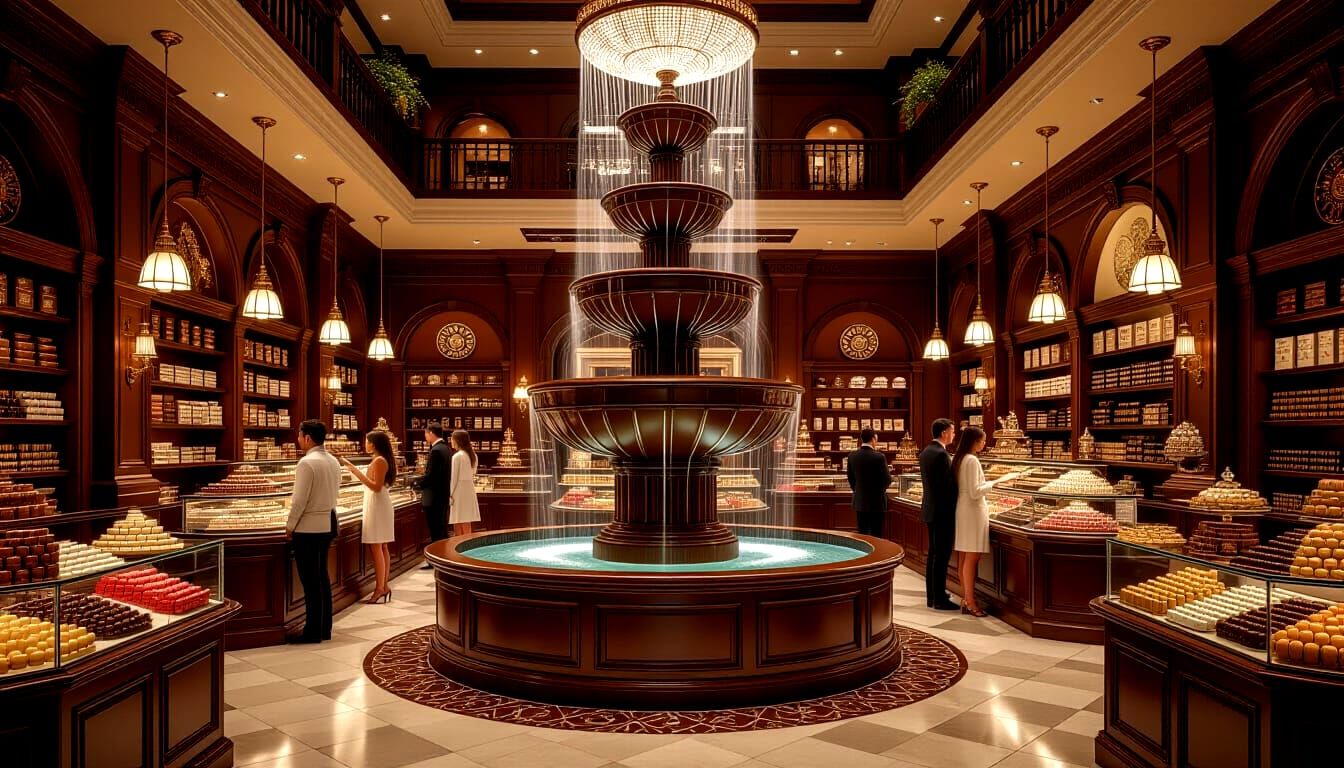 Photorealistic Chocolate Store Interior with Dripping Founta...