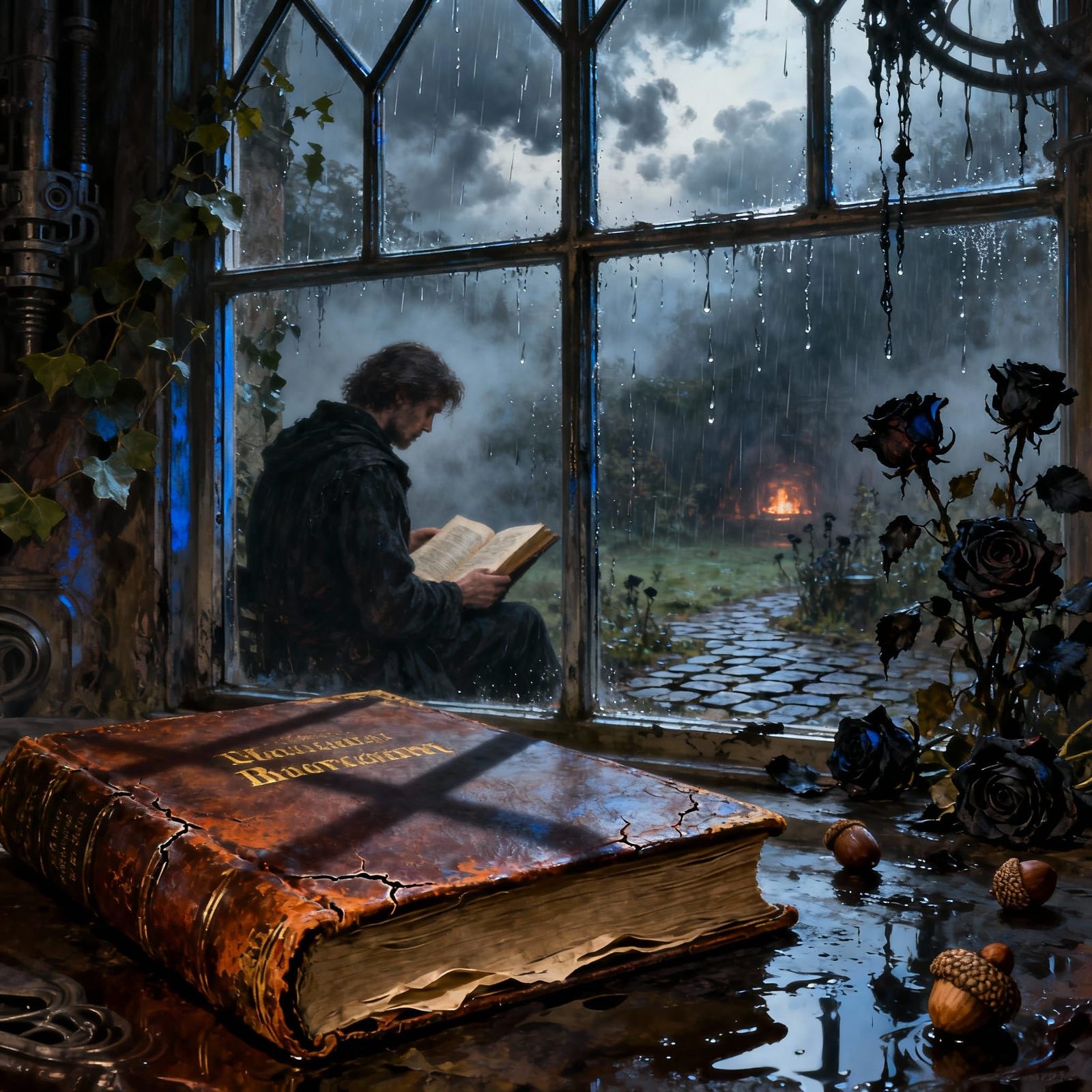 A solitary figure sits by a window, engrossed in a worn, lea...