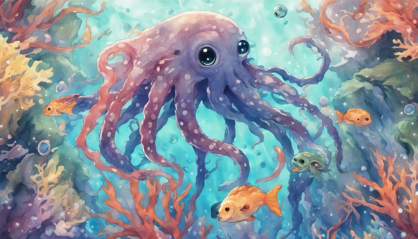 Colorful Octopus in Kelp Forest: Adorable Watercolor Art