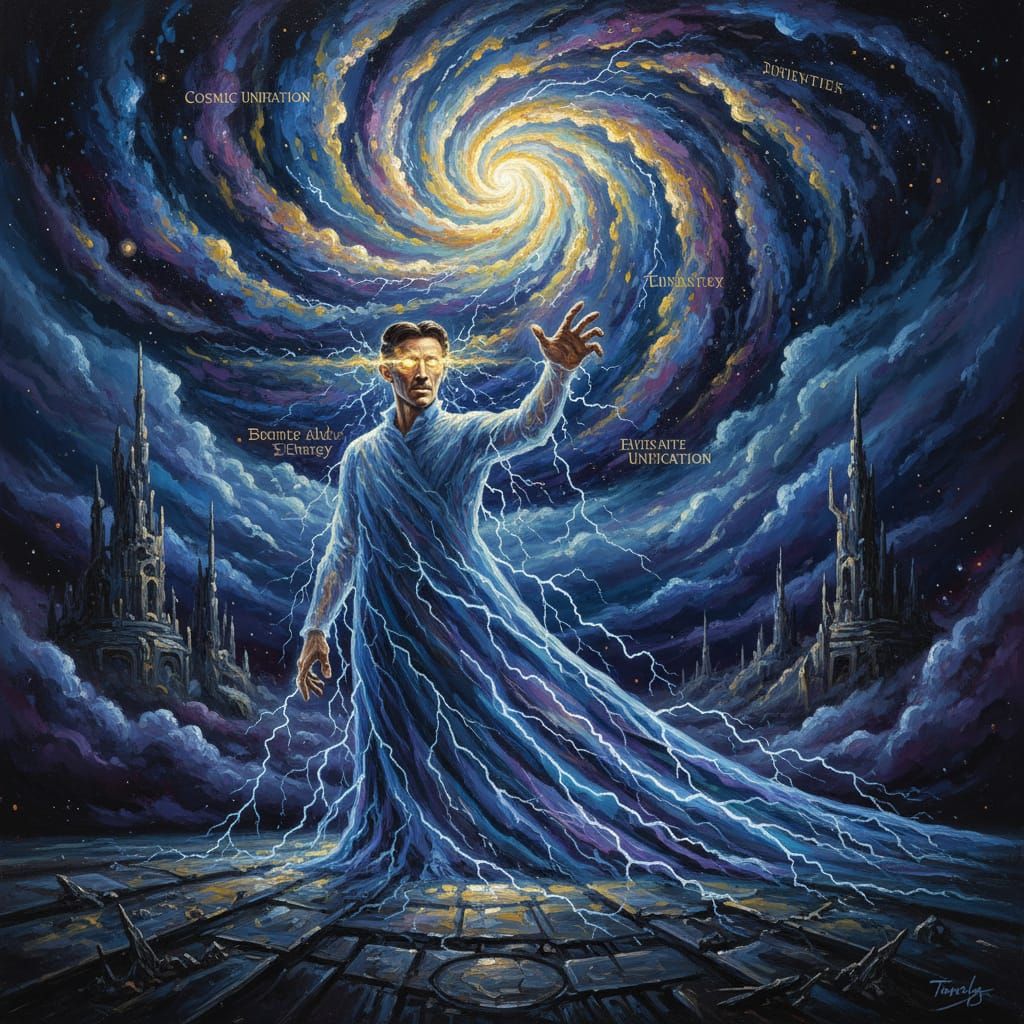 Ethereal Nikola Tesla in Cosmic Vortex Oil Painting