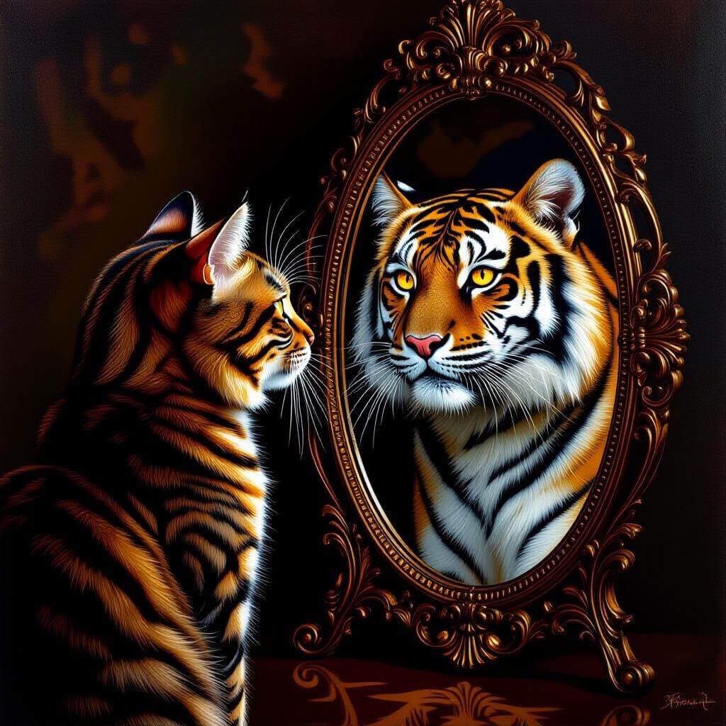 Tabby Cat's Reflection Becomes a Majestic Tiger