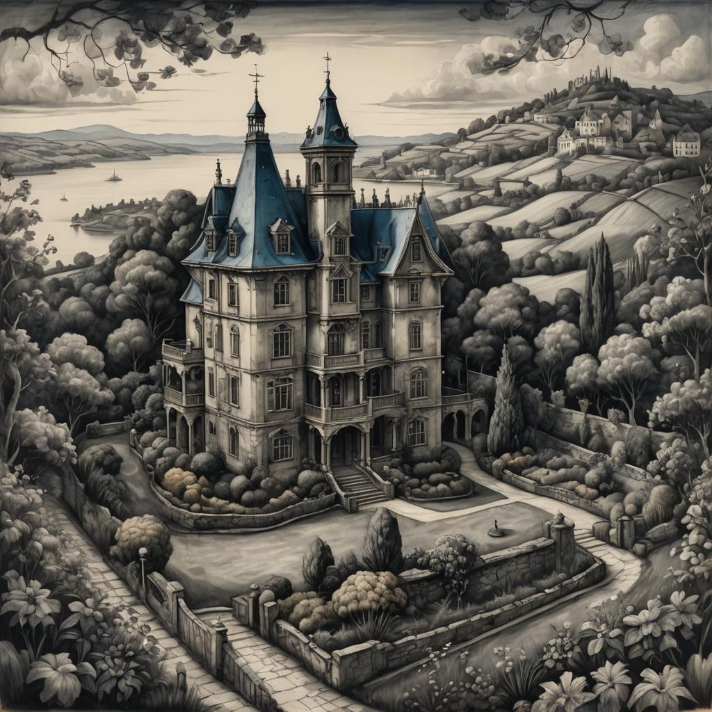 Victorian Manor Charcoal Drawing with Vineyards and Gardens