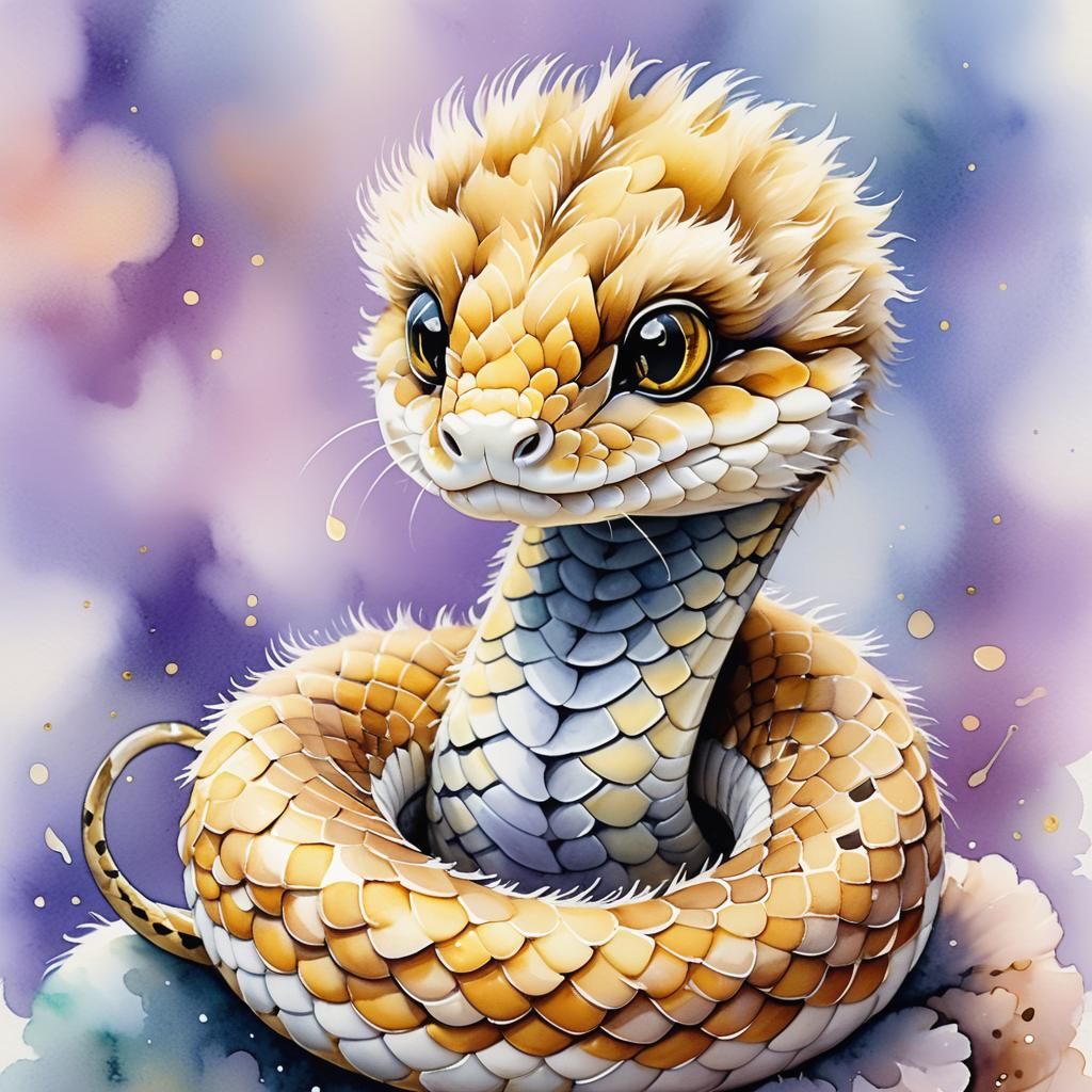 Adorable Furry Baby Snake in Watercolor Illustration
