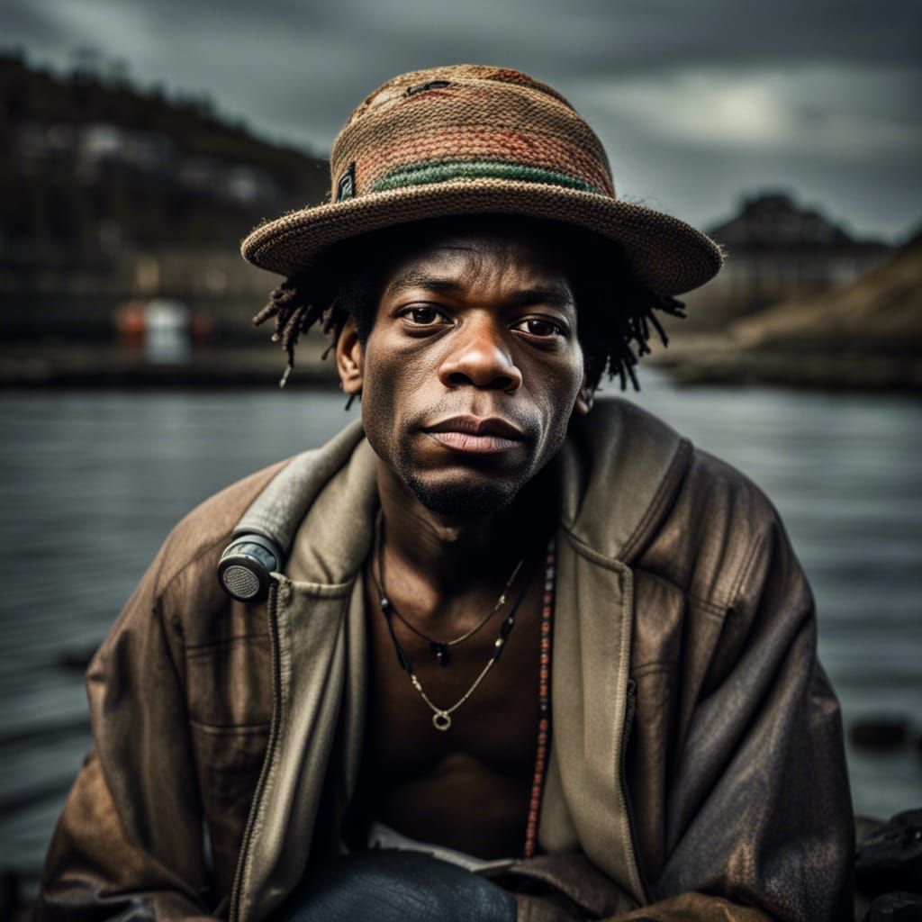 Hyperrealistic Fisherman in Basquiat Street Art Style