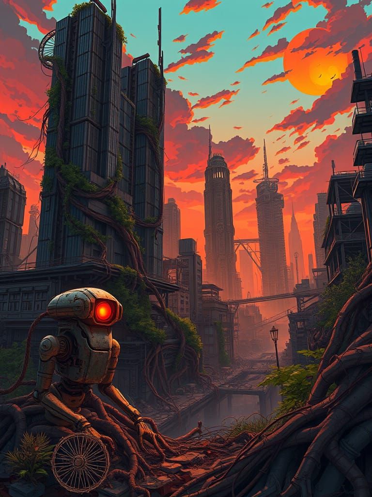 Dystopian Metropolis Reborn by Nature in Vibrant Anime Style