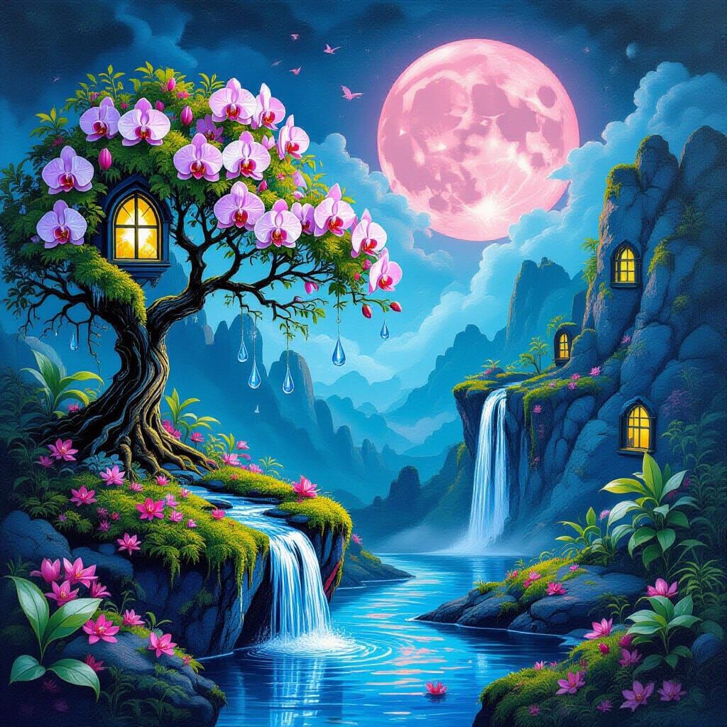 Pink Moon Valley in Style of Hieronymus Bosch