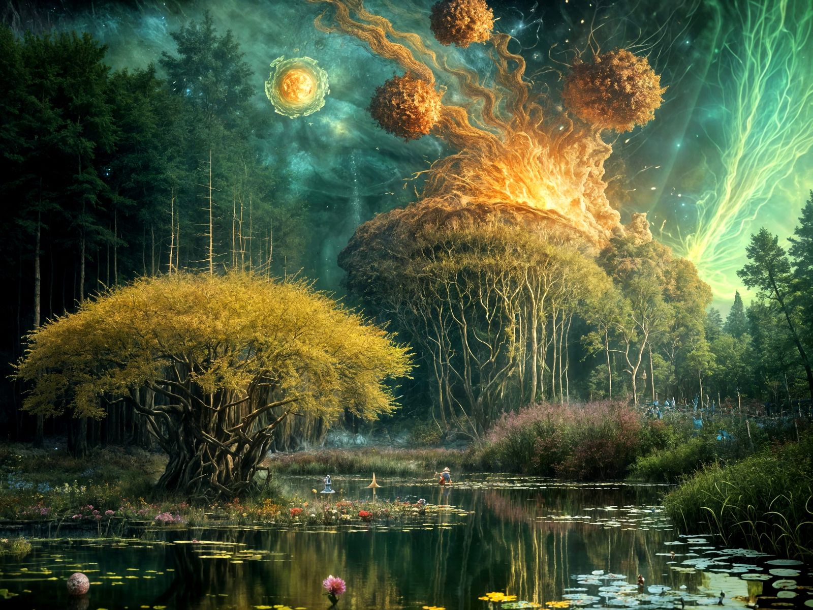 Erupting Pond in Summer: A Biopunk Ecological Scene