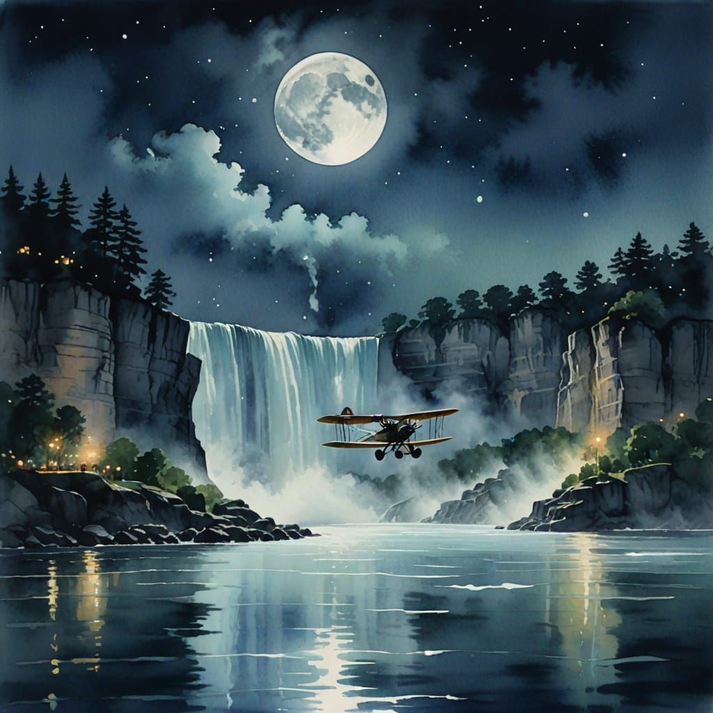 Moonlit Bi-Plane Soars Over Niagara Falls in Watercolor Styl...