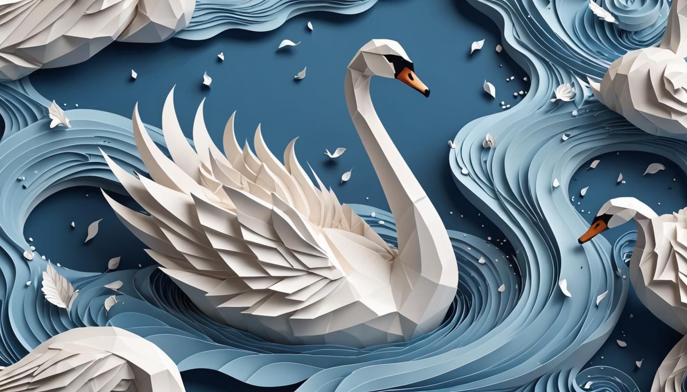 a white origami swan on a blue kirigami river abstract vecto...