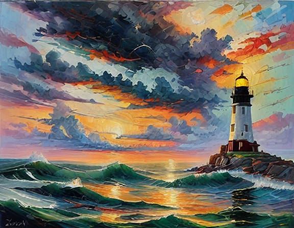 Impressionist Lighthouse in Fierce Lightning Storm