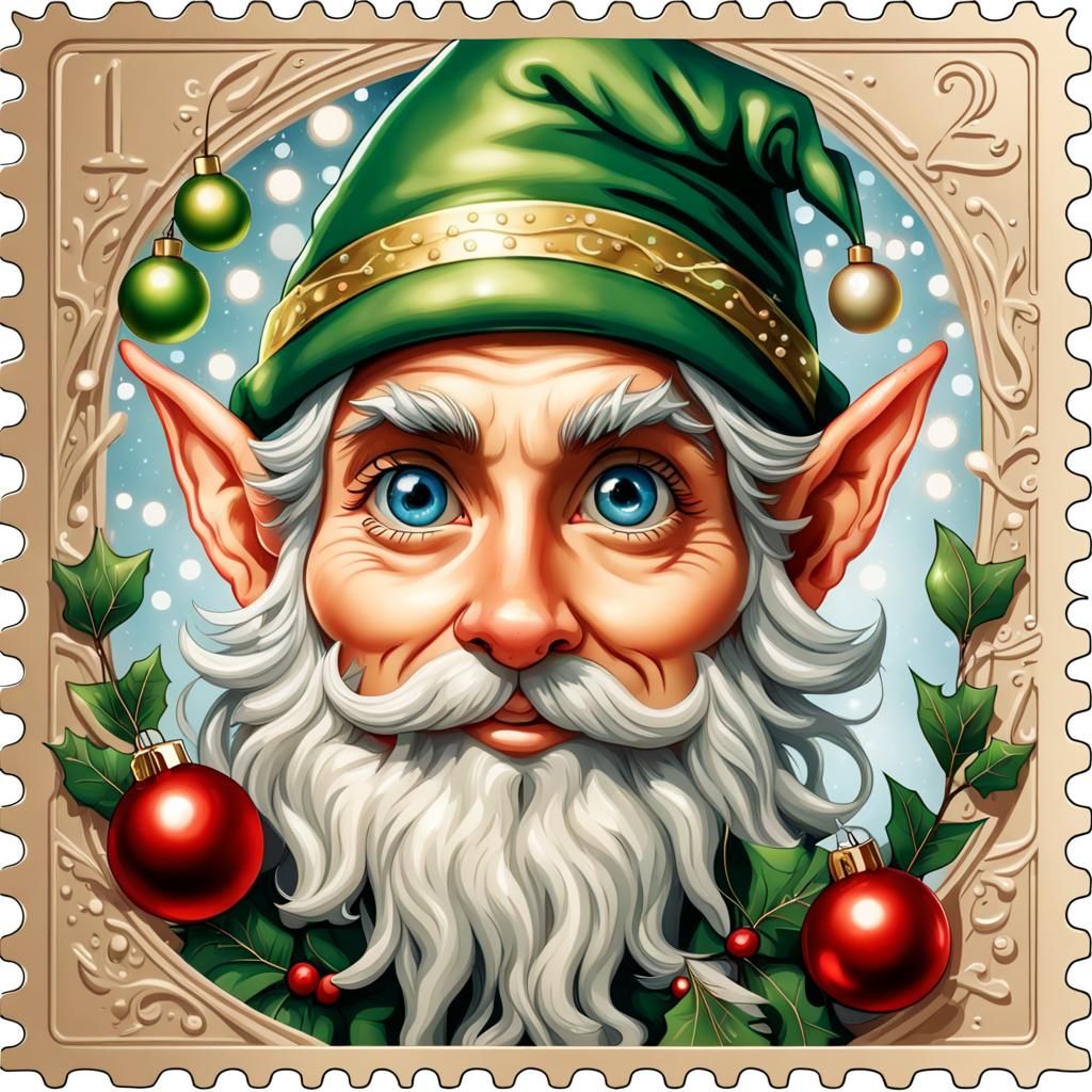 Christmas Elf Under Mistletoe: Airbrush Postage Stamp