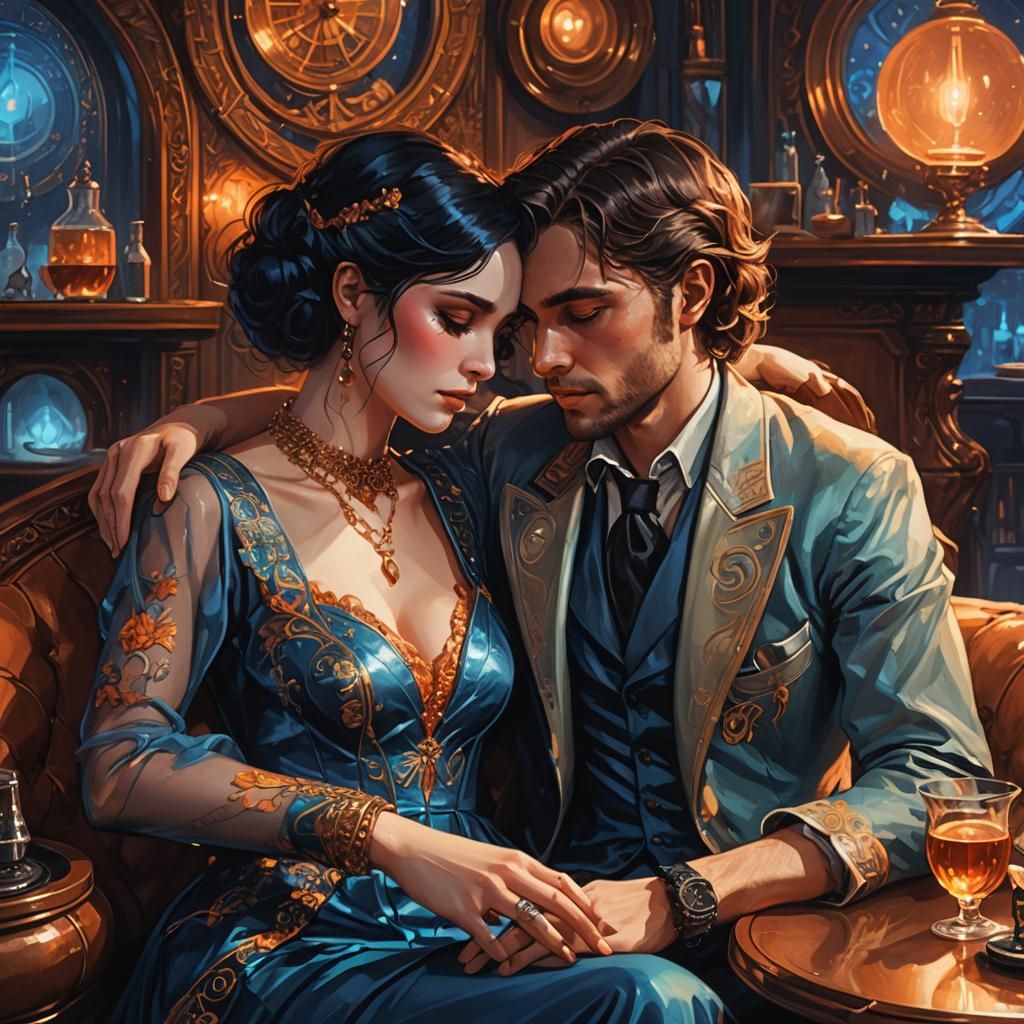 Romantic Couple Embracing in Moody Fantasy Art