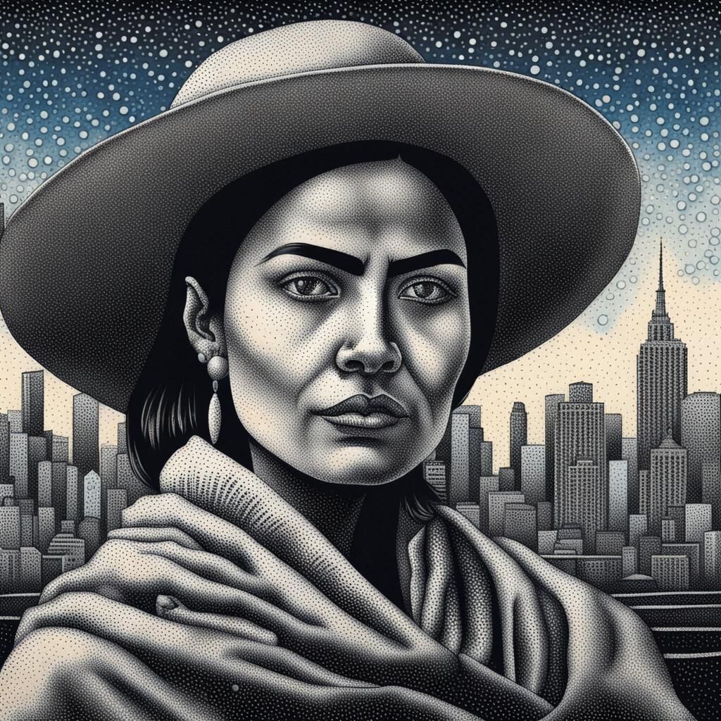 Pointillist Portrait of Mexican Woman in Cityscape