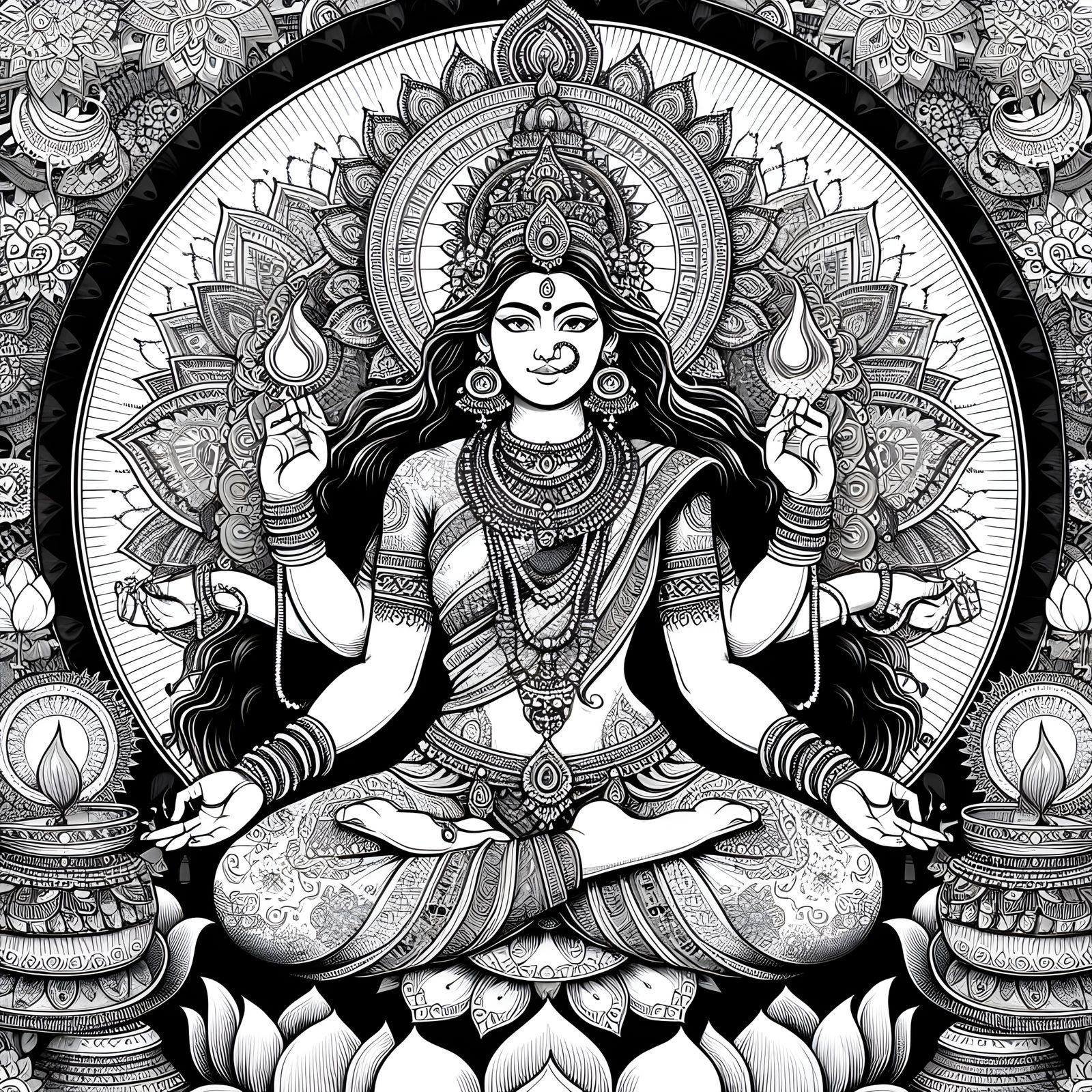 Majestic Indian Goddess in Lotus Position: Line Art
