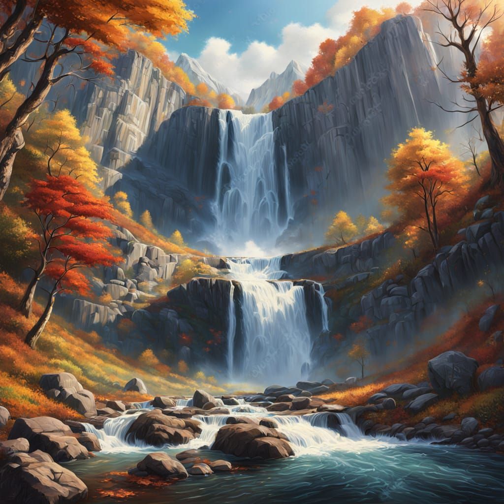 a waterfall in the mountains during autumn 76