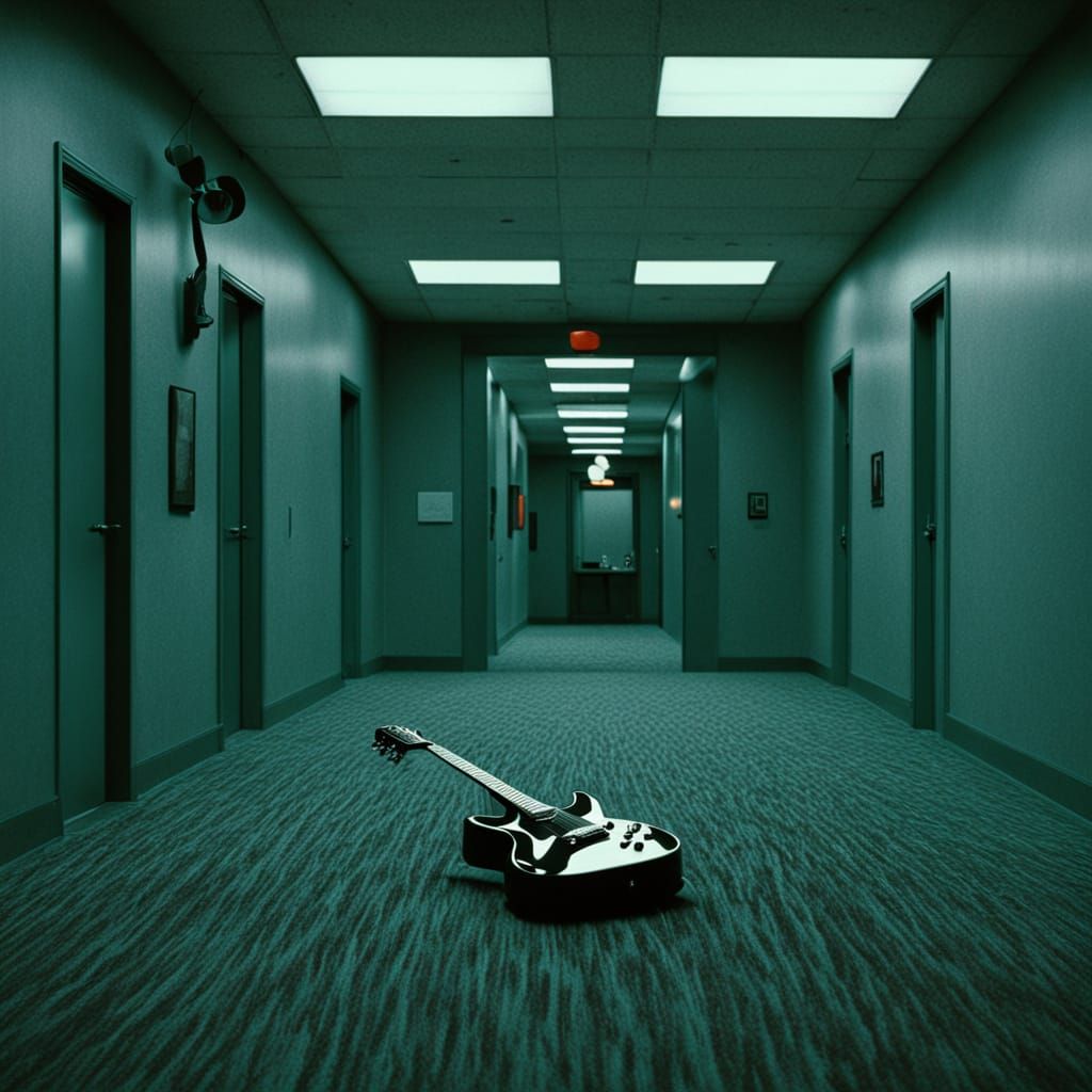 Surreal Deserted Office with Guitar in David Lynch Style