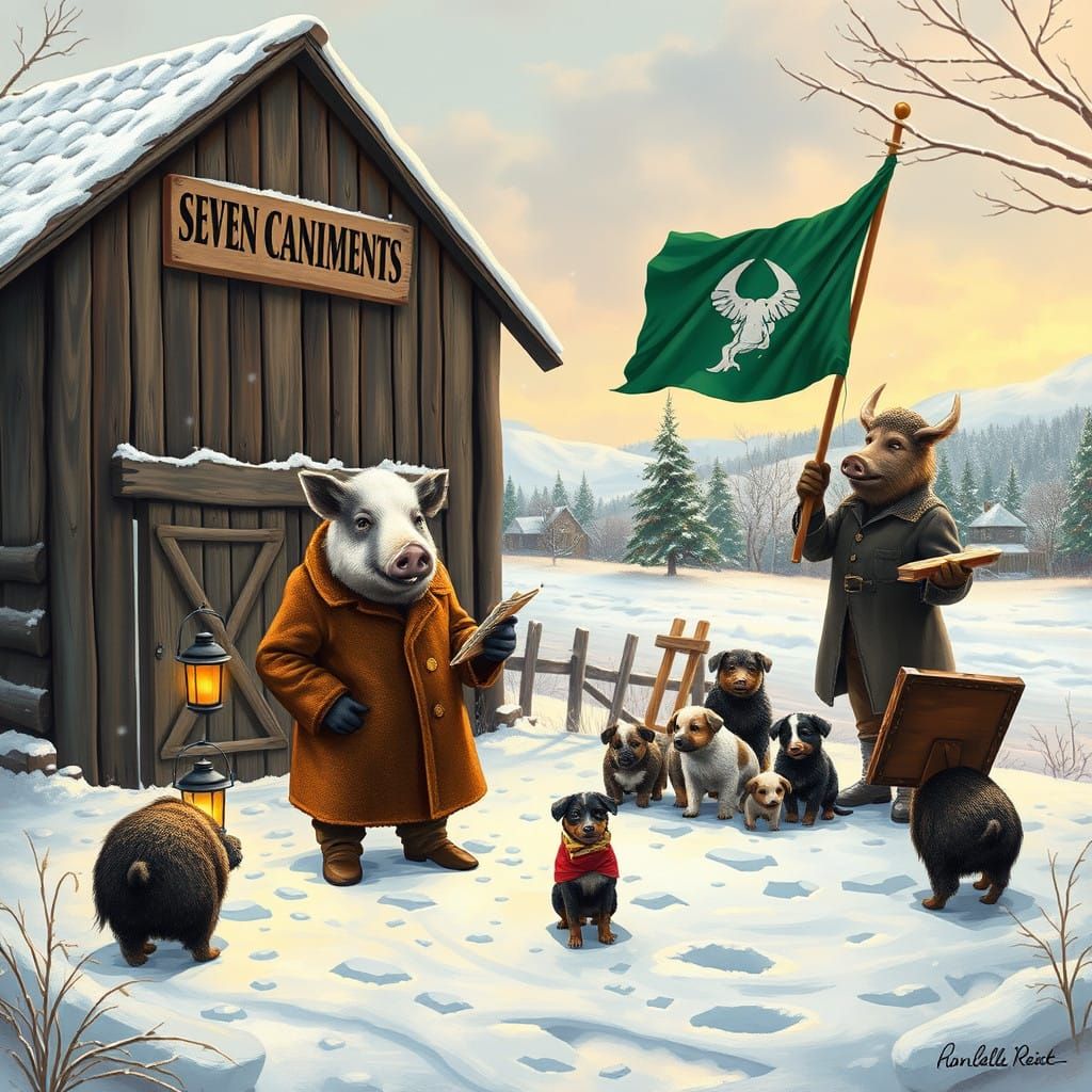 Rustic Barn Stands Tall in Winter Wonderland with Folk-Art L...