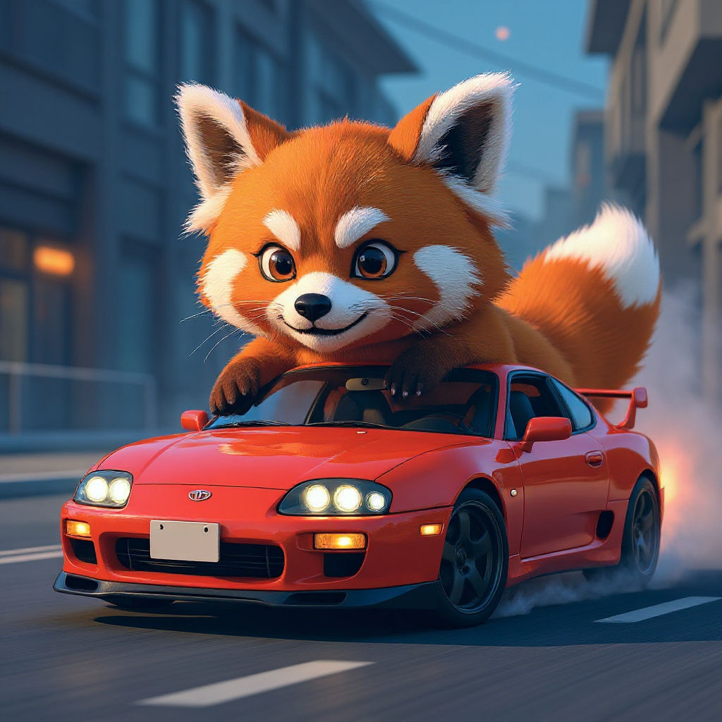 Red Panda Drifting in Supra, Anime Style