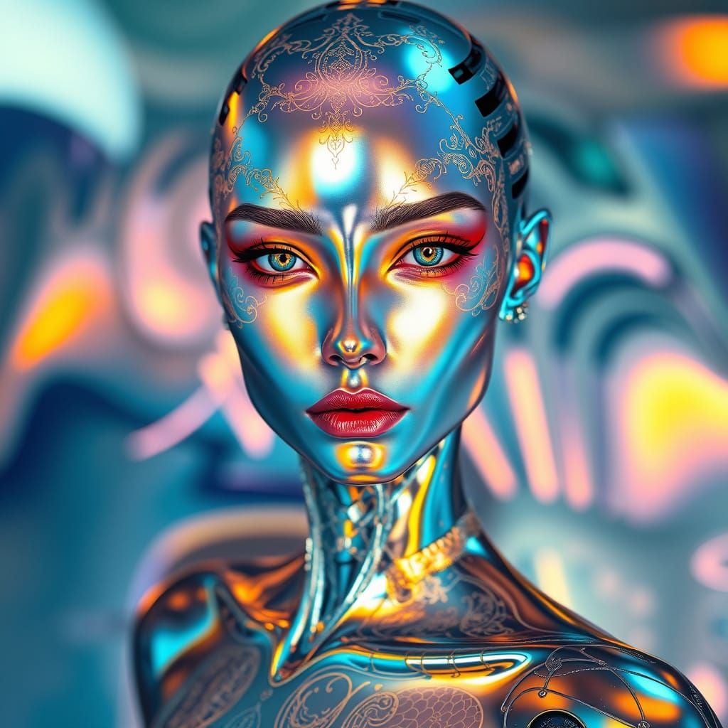 Ethereal Cyborg Goddess in Iridescent Hues