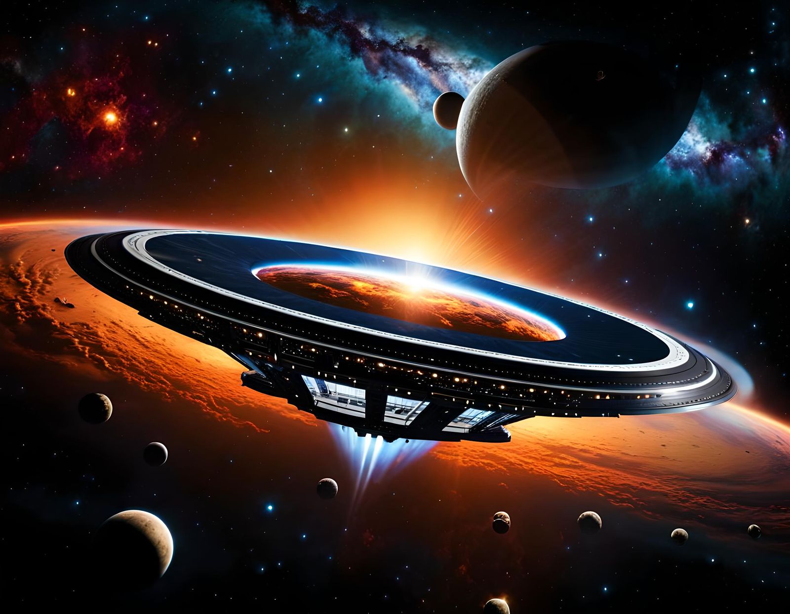 Alien Spacecraft Enters Cosmic Vortex in Cyberpunk Style