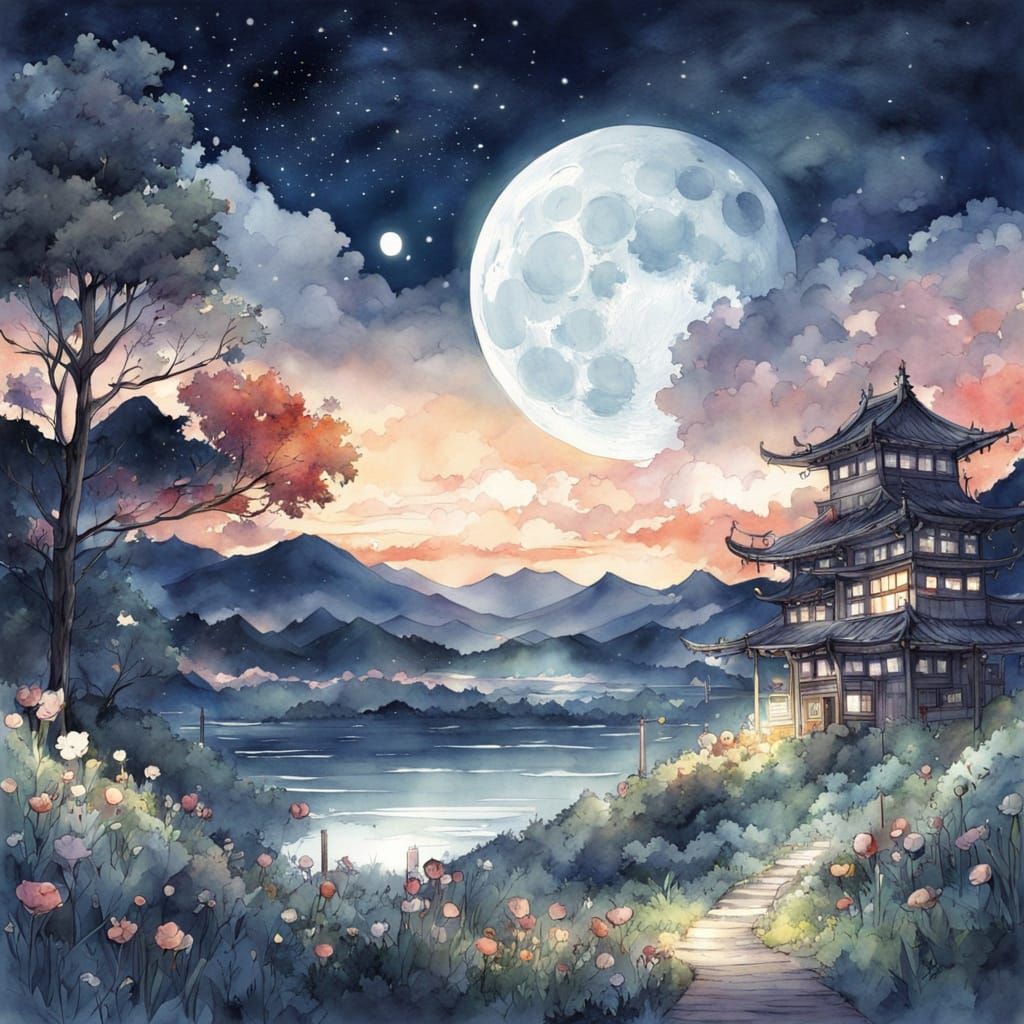 Moonlit Watercolor Dreamscape in Vibrant Colors
