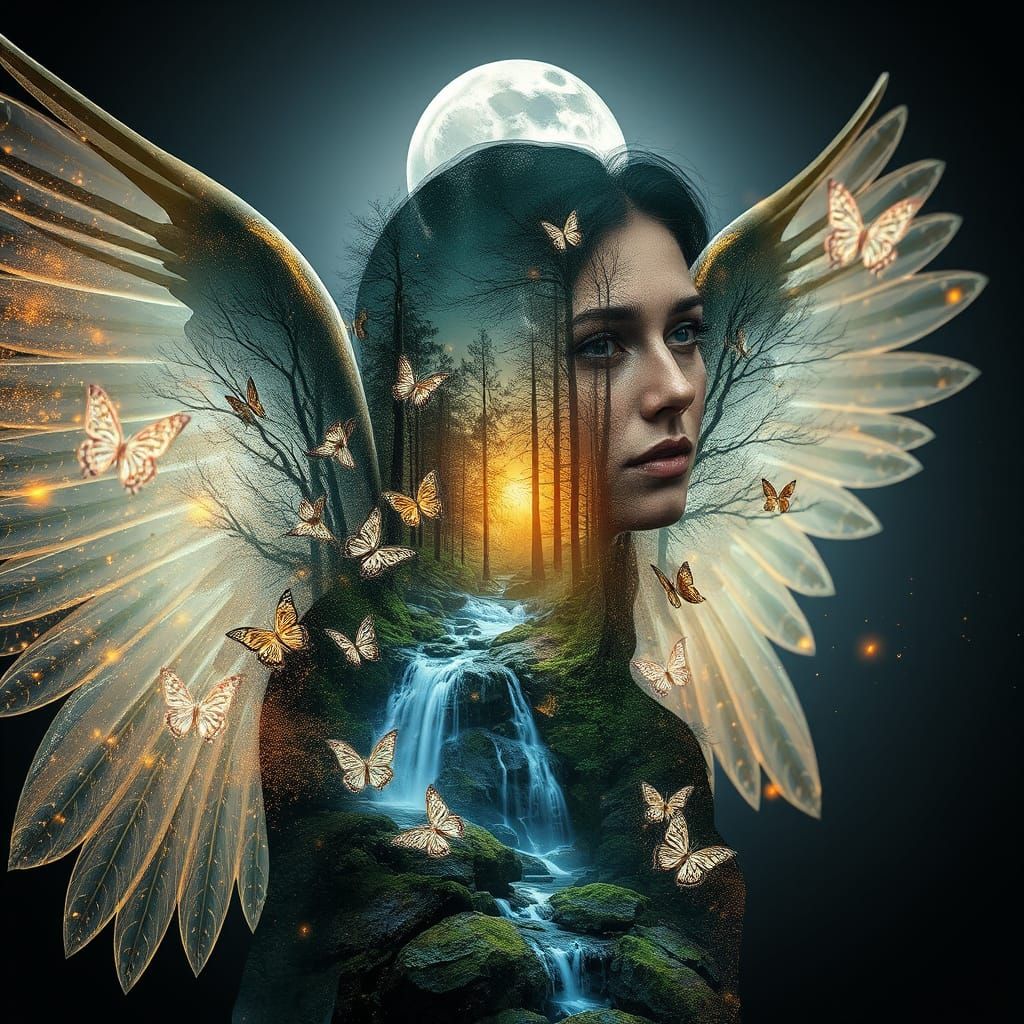 Earth Angel with Butterfly Waterfall: Double Exposure