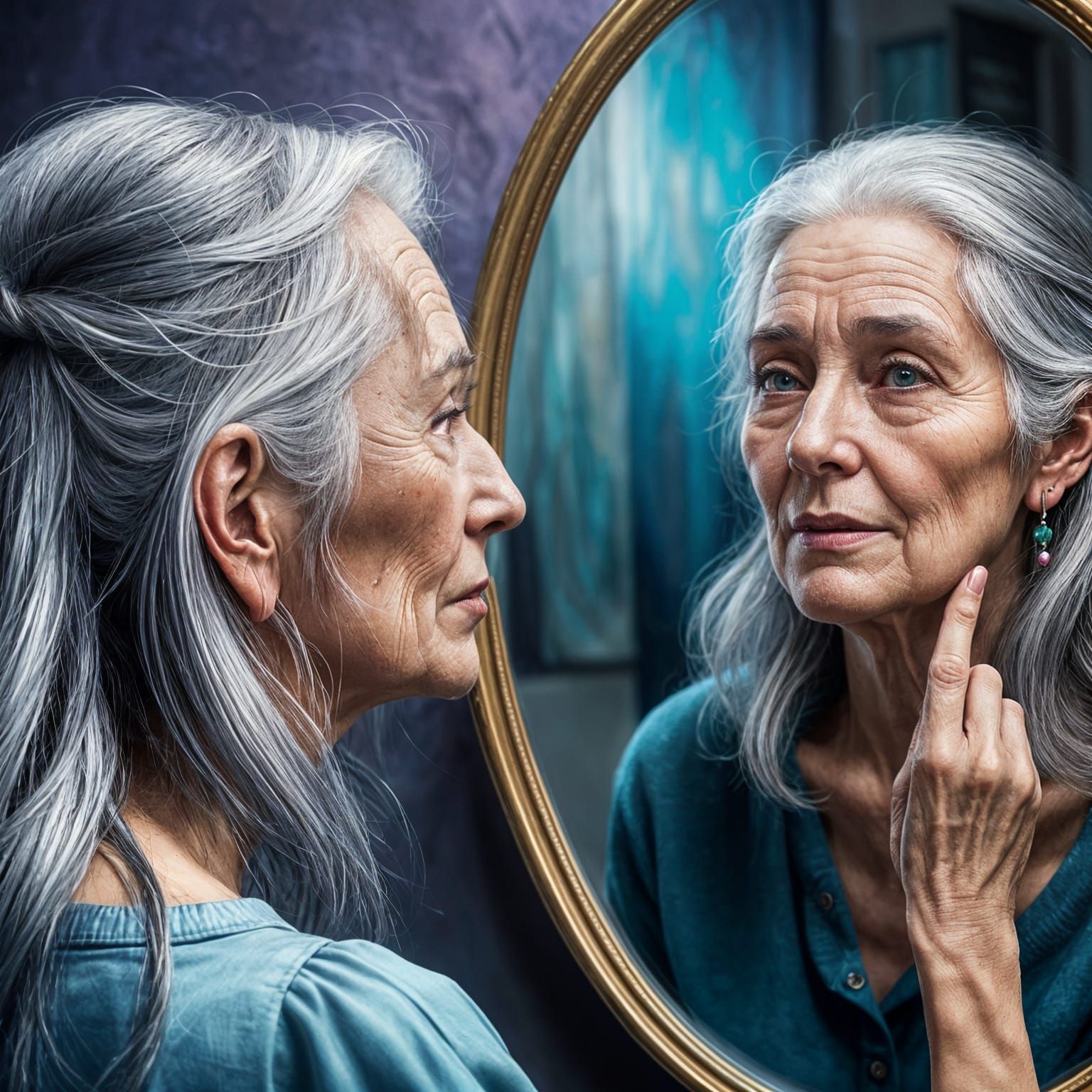 Old Woman Sees Youthful Reflection: Hyperrealistic Splash Ar...